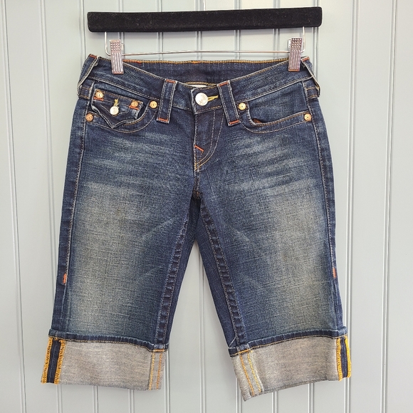 True Religion Dark Wash Denim Bermuda Shorts Size 25 - Picture 1 of 4